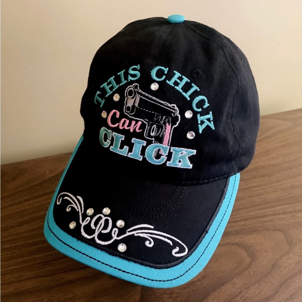 "This Chick Can Click" Embroidered Rhinestone Womens Hat - 1 size fits most